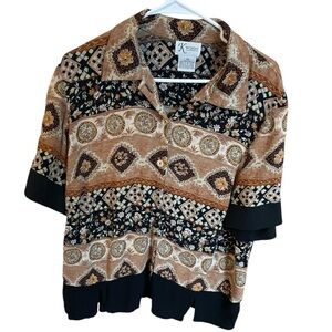 K Woman Vintage Patterned tan black brown Button Up Blouse size 16w lightweight